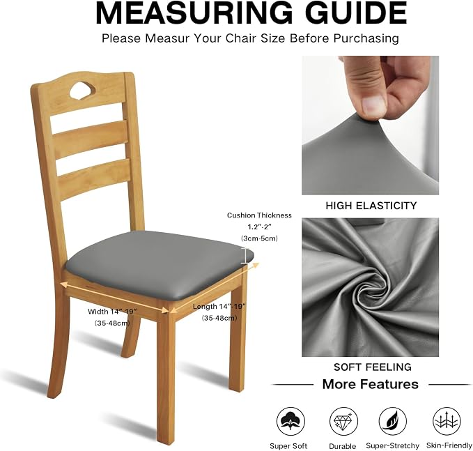 Leather Stretch Chair Seat Covers with Elastic Ties,Waterproof Dining Room PU Leather Chair Cover Seats,Removable Washable Chair Protector Seat Cushion Slipcovers for Home,Kitchen (Gray, 4 PCS)