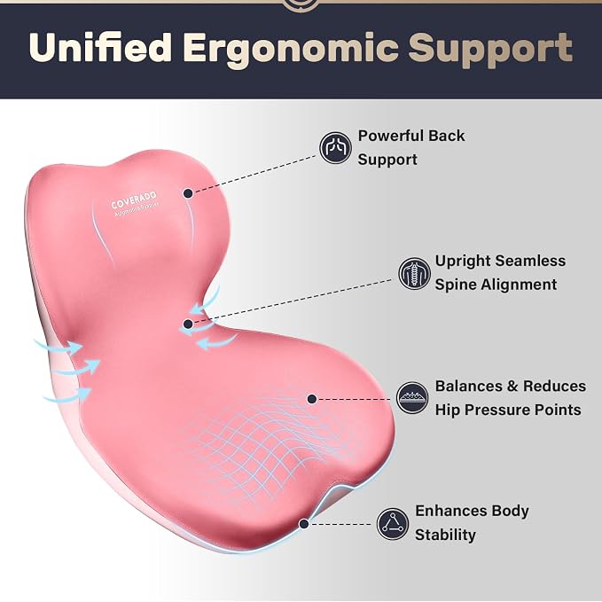 Coverado Car Seat Cushion and Lumbar Support Pillow One Piece, Memory Foam Ergonomic Back Support Driving Seat Cushion for Back Pain, Non-Slip Washable Cushion for Car, Driver, Office