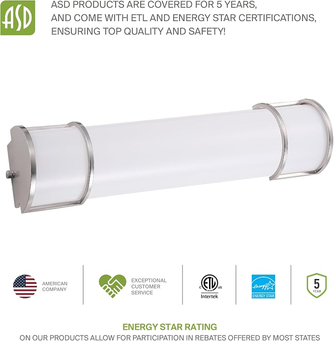 ASD LED 24" Vanity Flush Mount Light Fixture, Linear Bathroom Lighting Bar | 3CCT, Dimmable, Energy Star, ETL Listed | 25W 1950LM 3000-5000K 120V | Long Bath Wall Sconce Over Mirror | Nickel, 4 Pack