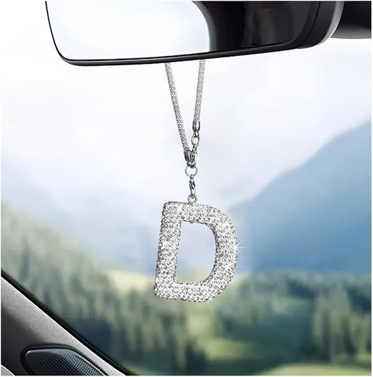 DXNQ Bling Initial Car Rear View Mirror Ornament, Crystal Sparkling Cute Letter Charm Pendant Auto Decor, Hanging Lucky Diamond Initial Charm Car Mirror Bag Ornament for Girl Women (Letter D)