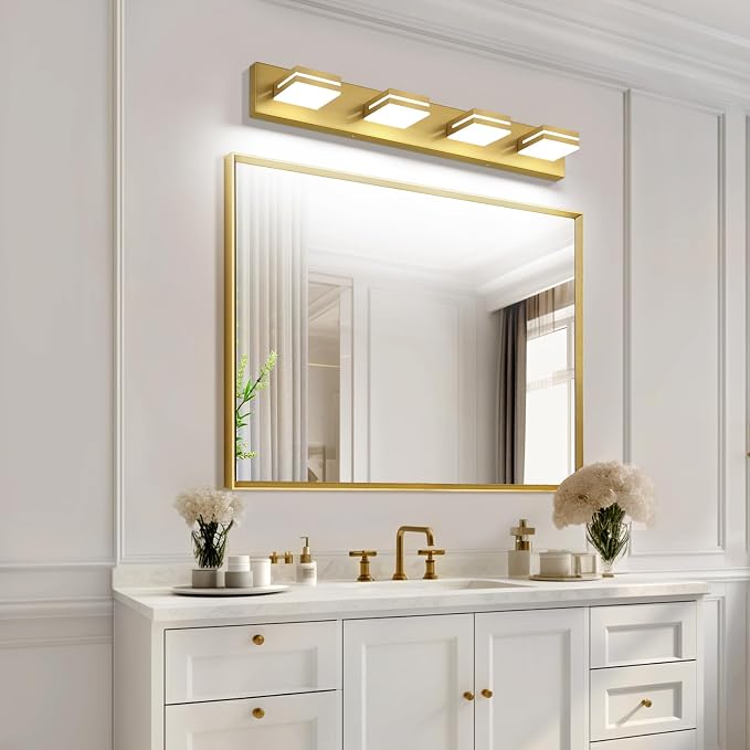 SineRise LED Modern Bathroom Vanity Light Fixtures (4-Light, 30-Inch, Dimmable),Brass Modern Acrylic Bathroom Wall Lighting Fixtures Over Mirror (Cool White 6000K)