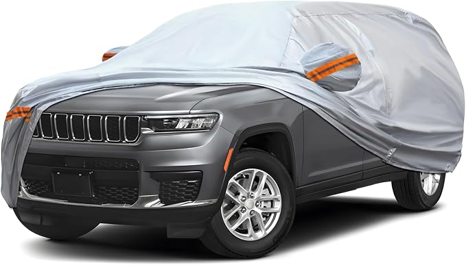 6-Layer Full Car Cover is All-Weather Waterproof, Universal in All Seasons, Snow Prevention, Rainproof, Acid Rainproof, Sunscreen, Ultraviolet-Proof, Fit SUV 205"-216" Orange Reflective Strip