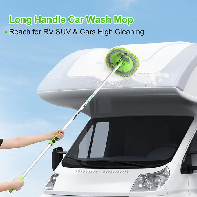 62'' Car Wash Brush with Long Handle Chenille Microfiber Car Wash Mop Mitt Kit Scratch-Free Car Cleaning Brush Care Kits with Replacement Head Supplies for Cars RV Truck Boat