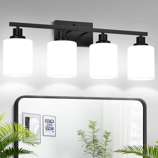 MOKATNG 4-Light Bathroom Light Fixtures, Vanity Light with Milky White Shades, Matte Black Bathroom Light Fixtures Over Mirror, Modern Bathroom Wall Lamp for Mirror Living Room Cabinet Bedroom