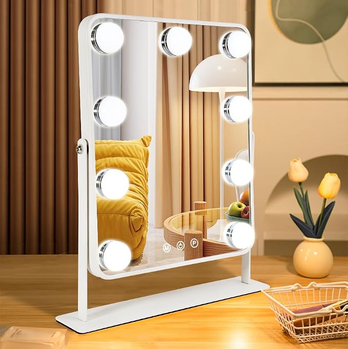 YEKKOPT Vanity Mirror with Lights,Lighted Makeup Mirror with 9 LED Bulbs, Light Up Makeup Mirror with Lights for Dressing Room & Bedroom,Smart Touch Control,360 Rotation
