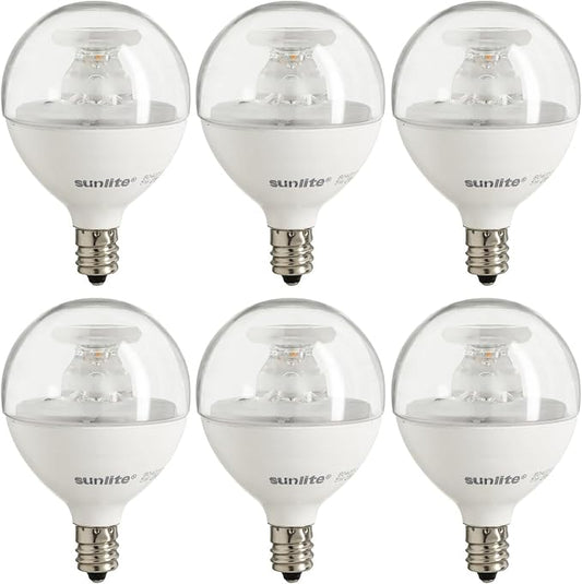 Sunlite G16.5 Light Bulb LED, 7 Watts (60W Equiv.), 500 Lumens, Dimmable, Type G Globe Shape E12 Candelabra Base, Short Bulbs, Vanity Mirror Bulbs, 2700K Soft White, Clear, 6 Count