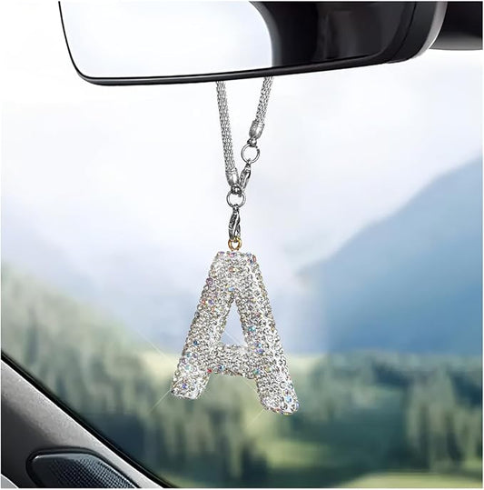 DXNQ Bling Initial Car Rear View Mirror Ornament, Crystal Sparkling Cute Letter Charm Pendant Auto Decor, Hanging Lucky Diamond Initial Charm Car Mirror Bag Ornament for Girl Women (Letter A)