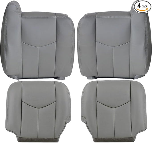 SecosAutoparts Driver & Passenger Side Bottom & Top Lean Back Leather Seat Cover Light Gray # 922 Compatible with Chevy GMC Tahoe Suburban Avalanche Yukon Silverado Sierra 2003 2004 2005 2006
