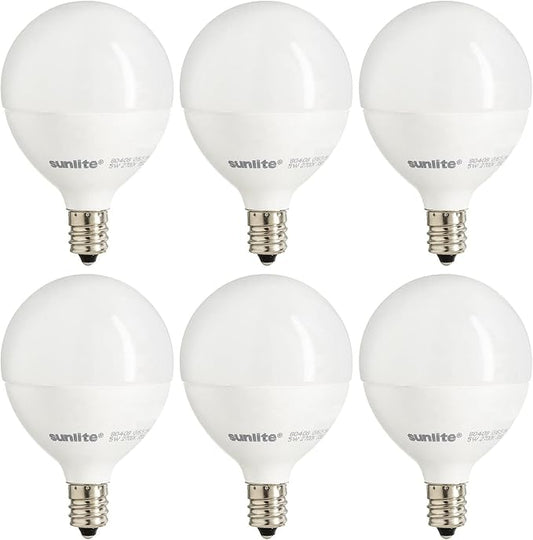 Sunlite G16.5 Light Bulb LED, 7 Watts (60W Equiv.), 500 Lumens, Dimmable, Type G Globe Shape E12 Candelabra Base, Short Bulbs, Vanity Mirror Bulbs, Energy Star, 2700K Soft White, Frosted, 6 Count