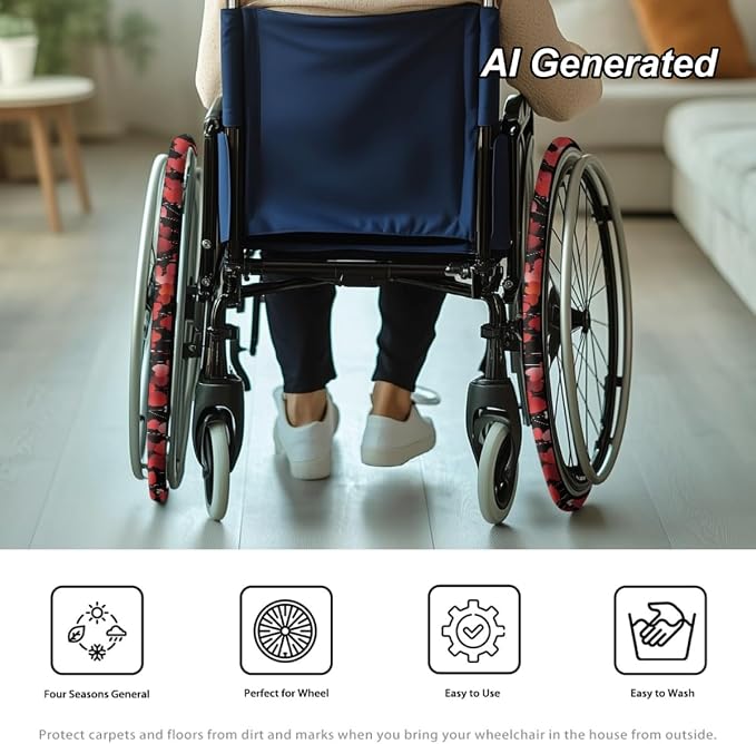 Red Heart Wheelchair Wheel Covers for Valentines Day Non-Slip Wheelchair Accessories Tyre Covers Wear-Resistant Dustproof Holiday Decor