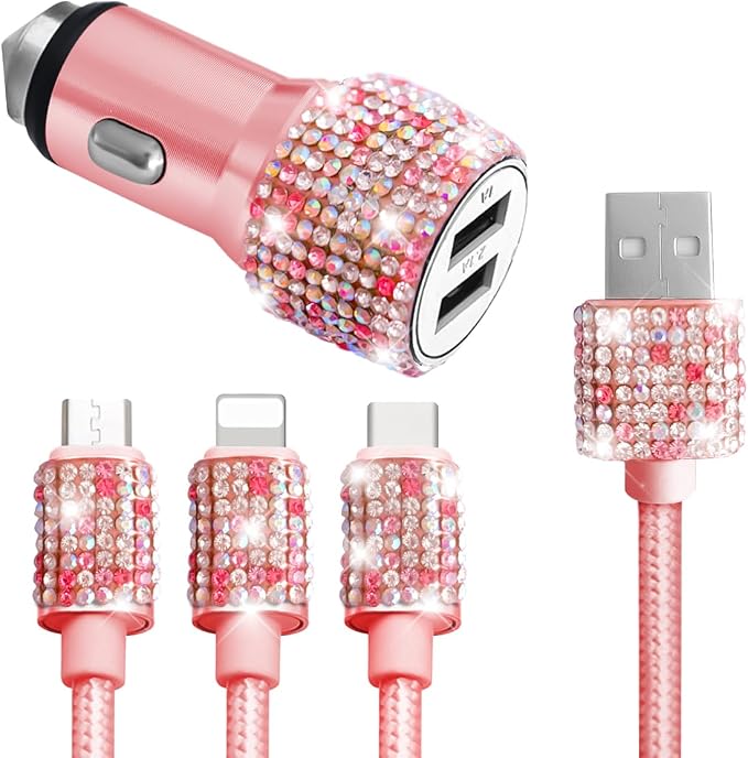 Bling Dual USB Car Charger with 3-in-1 Multi Fast Charging Cable, Dual Port Charger Adapter with Type C Micro USB Cord for iPhone, Android, Rhinestones Car Interior Accessories for Women(Pink)