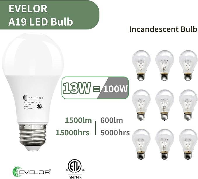 evelor 4-Packs A19 LED Light Bulbs,100 Watt Equivalent 5000K Daylight Bright Bulbs Efficient 13W,1500 Lumens E26 Base, Non-Dimmable, 15000-Hour Lifespan for Bedroom, Living Room, Office