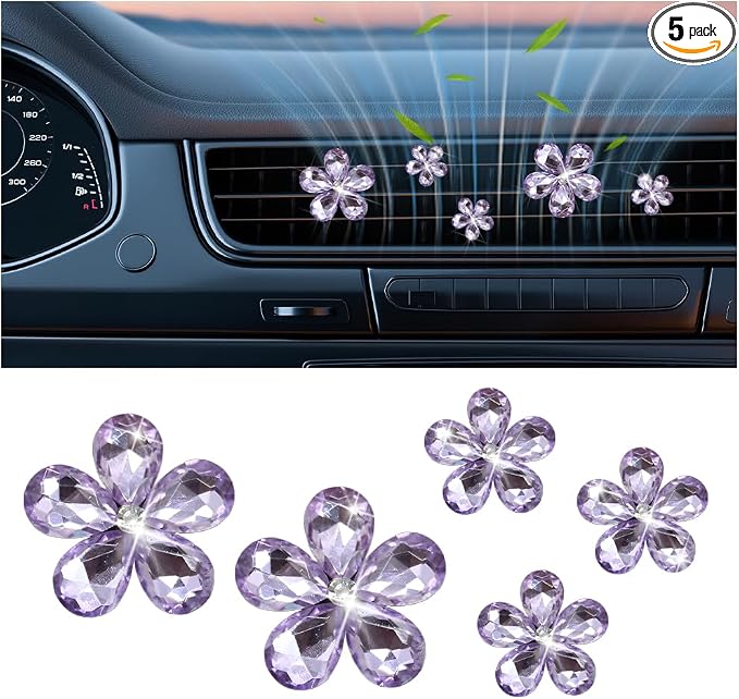 Zpana Bling Daisy Flower Car Air Vent Clips, 5PCS Sparkling Crystal Rhinestone Cute Vehicle Air Conditioning Clamp, Diamond Auto Air Outlet Clip Decor for Women Girls, Universal Fit (Purple)