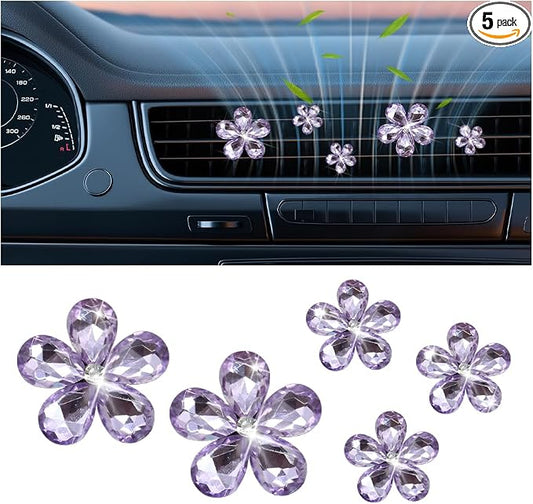 Zpana Bling Daisy Flower Car Air Vent Clips, 5PCS Sparkling Crystal Rhinestone Cute Vehicle Air Conditioning Clamp, Diamond Auto Air Outlet Clip Decor for Women Girls, Universal Fit (Purple)