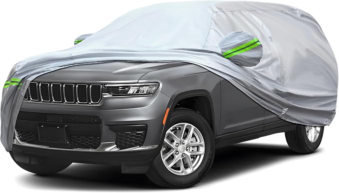 6-Layer Full Car Cover is All-Weather Waterproof, Universal in All Seasons, Snow Prevention, Rainproof, Acid Rainproof, Sunscreen, Ultraviolet-Proof, Fit SUV 205"-216" Green Reflective Strip