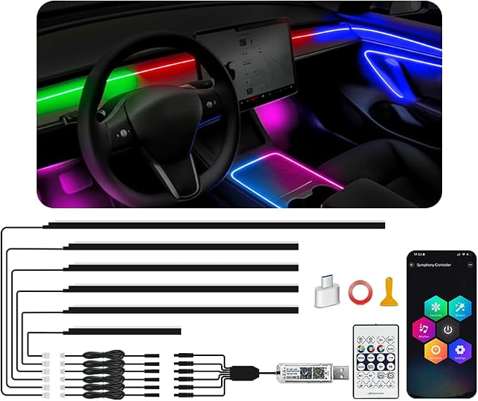 Acrylic Ambient Lighting Car Interior, 6 in 1 Dream Color Acrylic Led Strips Fiber Optic Lights with APP USB Hub, 16 Million Colors 187 Inches Flexible Neon Music Sync Emotion Glow Light for Car Dash