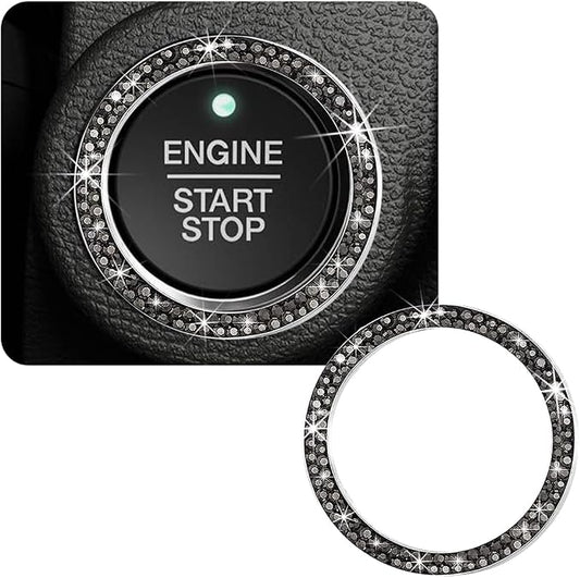 Car Bling Crystal Rhinestone Engine Start Ring Decals, Sparkling Diamond Car Push Start Button Ignition Ring Sticker, Auto Key Ignition Knob Ring Decoration for Women Girls (Bright Black)
