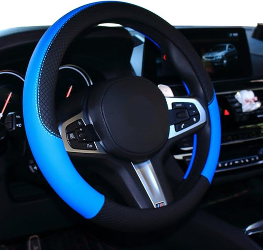 SHIAWASENA Car Steering Wheel Cover, Leather, Universal 15 Inch Fit, Anti-Slip & Odor-Free (Black&Blue)