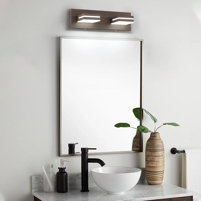 SineRise LED Modern Bathroom Vanity Light Fixtures (2-Light, 15.5-Inch), Brown Wood Painted Modern Acrylic Bathroom Wall Lighting Fixtures Over Mirror (Cool White 6000K)