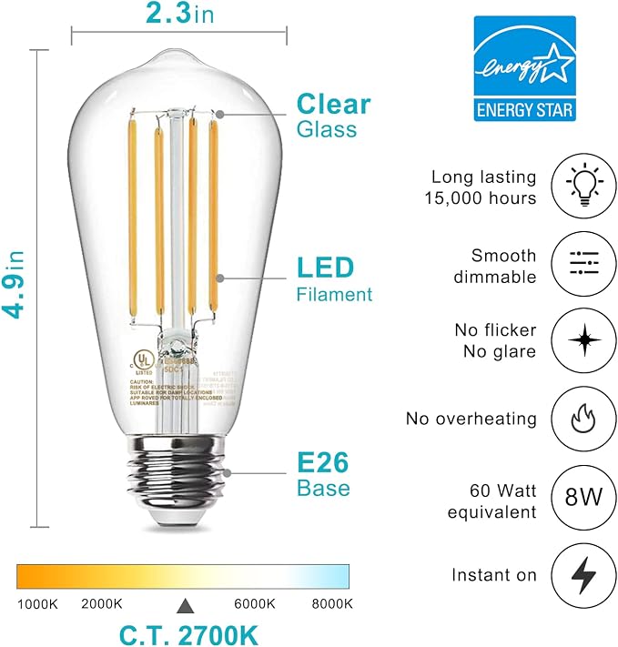 TJOY LED Edison Light Bulbs, E26 Dimmable Vintage Bulb, 8W = 60W Equivalent | Warm White 2700K, 800LM, E26 Base, ST19/58, 80+ CRI, Clear Glass, Antique Decorative Filament Bulb for Living Room, 10 Pack