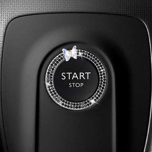 Bling Butterfly Car Engine Push Start Button Ring Sticker (Black) | Crystal Rhinestone Auto Key Ignition Knob Ring Emblem, Sparkling Auto Interior Decoration Accessories for Women