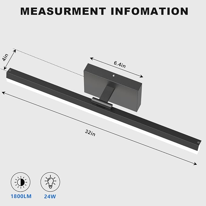 IZORRO Modern Bathroom Vanity Light 32 inch, Rotatable, 24W Dimmable Led Bathroom Light Fixture Over Mirror, Black Vanity Light Bar (Cool White 6000K)