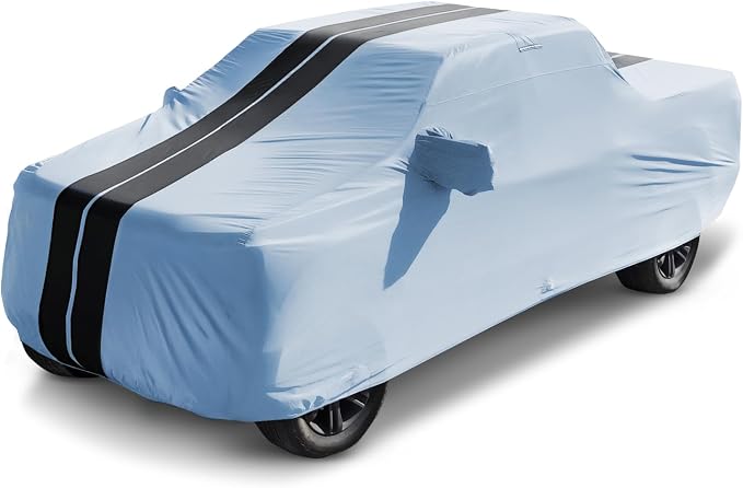 iCarCover Premium Heavy Duty Truck Car Cover - Waterproof All Weather Rain Snow UV Protection F-150 SuperCrew, Silverado 2500 Extended, Sierra 1500 Crew, Size T86 (See Size Chart), Stripe - Gray/Black