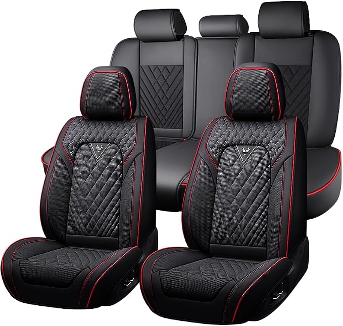 Fit for Toyota Sequoia Seat Covers 2001-2026, Nappa Leather, 360° Full Protection, Thick Padding & Memory Foam, Waterproof & Stain-Resistant Car Seat Cover 5 Seats(Full Set,Black&Red)