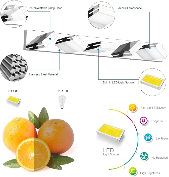 SineRise LED Modern Bathroom Vanity Light Fixtures (5-Light, 40-Inch), Chrome Modern Acrylic Bathroom Wall Lighting Fixtures Over Mirror (Cool White 6000K)