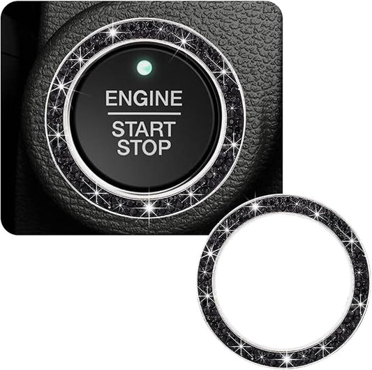 Car Bling Crystal Rhinestone Engine Start Ring Decals, Sparkling Diamond Car Push Start Button Ignition Ring Sticker, Auto Key Ignition Knob Ring Decoration for Women Girls (Black)