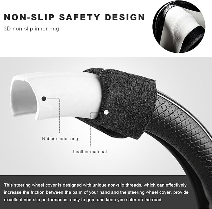 Car Steering Wheel Cover, 15 Inch Anti-Slip Breathable Leather Auto Steering Wheel Protector, Full Surround Soft Steering Wheel Cover for Men Women, Car Interior Accessories (Black & Purple)