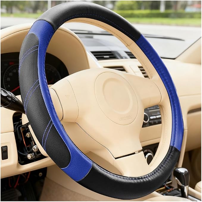 Car Steering Wheel Cover, 15 Inch Leather Breathable Auto Wheel Protection Cover with Non-Slip Lining, Padded Soft Grip Vehicle Steering Protector, Universal Fit (Black/Blue)