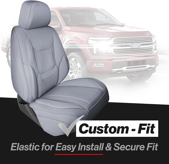 Coverland Custom Truck Car Seat Covers Full Set for [2014-2018 GMC Sierra 1500 Crew Cab Bucket Seats] - Protector Water Resistant Leather Memory Form Back Support Seat Cushion [Full Set-Gray]
