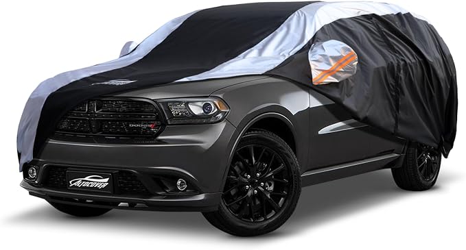 Dodge Durango Car Cover Waterproof All Weather with Silver Strip Design, Custom Fit for Dodge Durango 2005–2025, Durango Accessory with Door Zipper & Windproof Straps