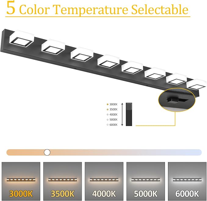 Ralbay 52inch Black Vanity Lights 8 Lights Dimmable 5 Color Temperature Acrylic Modern LED Bathroom Vanity Lighting Fixtures Matte Black