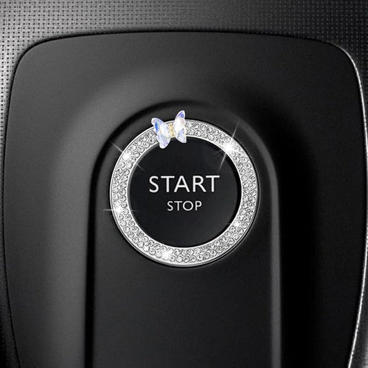 Bling Butterfly Car Engine Push Start Button Ring Sticker (White) | Crystal Rhinestone Auto Key Ignition Knob Ring Emblem, Sparkling Auto Interior Decoration Accessories for Women