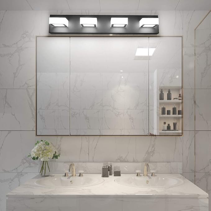 Ralbay LED Black 4 Lights Acrylic Lighting Fixtures Modern Matte Black Bathroom Vanity Lights
