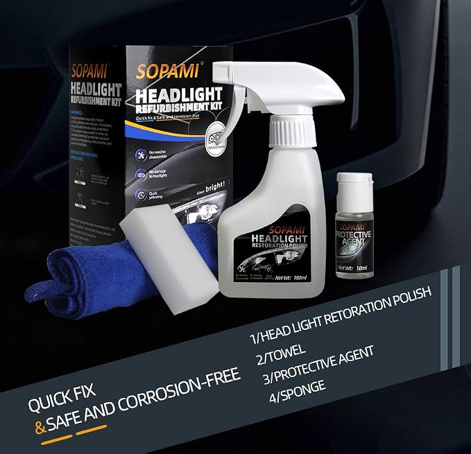 SOPAMI Automotive Headlight Restoration Kit - 6.09Fl Oz | Oxidized and Yellowed Automotive Headlamps Blurring Enhanced Crystallization Coating Refurbisher,Maximum Gloss & Shine