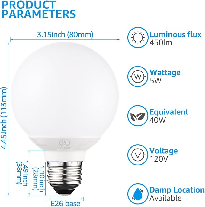 TORCHSTAR 6-Pack G25 LED Light Bulbs, 5W 450LM, Dimmable, 5000K | UL Listed, 40W Equivalent Daylight Vanity Globe Round Bulbs, E26 Base Decorative Bulb, for Bathroom Vanity or Mirror