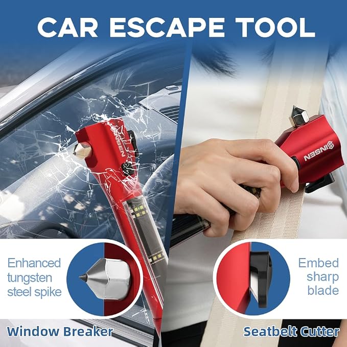 SINSEN Emergency Flashlight for Car, Seatbelt Cutter Window Breaker, 16-in-1 Multifunctional Safety Tool—Glass Hammer/Bright Solar Torch/Rechargeable/Rescue Alarm & Beacon/Repair Magnet