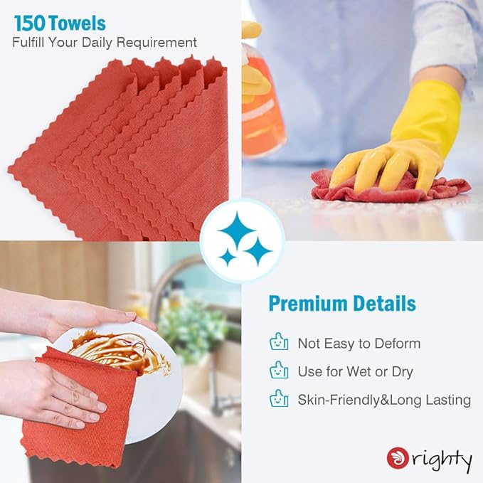 Orighty Microfiber Cleaning Cloth Bulk, 150 Pack Shop Towels 12x12 in, Red | Reusable Microfiber Towels for Cars, Shop Rags, Multi-Purpose Lint Free Cleaning Rags for Home & Kitchen