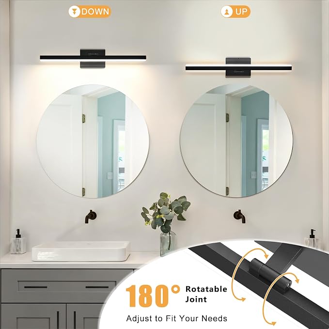 IZORRO Modern Bathroom Vanity Light 24 inch, Rotatable, 16W Dimmable Led Bathroom Light Fixture Over Mirror, Black Vanity Light Bar (5 Color Temperature)