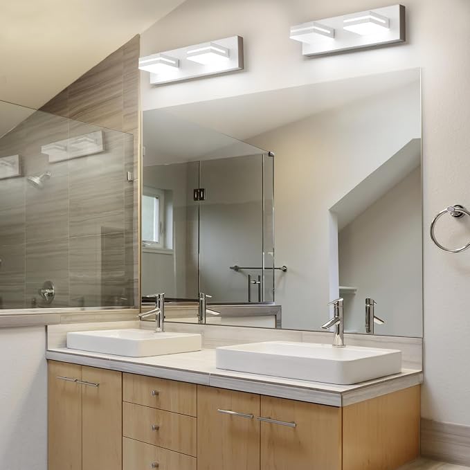 SineRise LED Modern Bathroom Vanity Light Fixtures (2-Light, 15.5-Inch), Matte White Modern Acrylic Bathroom Wall Lighting Fixtures Over Mirror (Cool White 6000K)