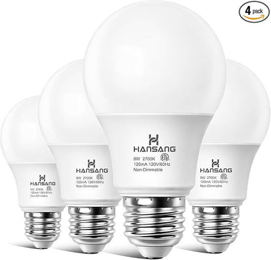 4 Pack A19 LED Light Bulbs, 60W Equivalent, 2700K Soft White Light Bulbs Non-Dimmable with E26 Standard Base, Efficient 9W, 800 Lumens, 120V, CRI 85, Light Bulb for Bedroom Living Room