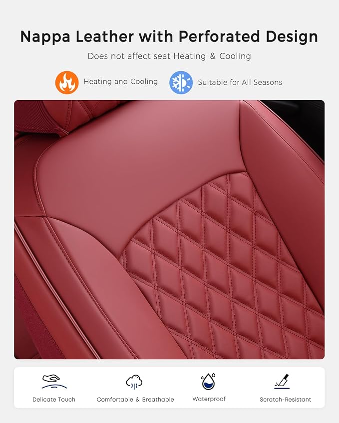 Huidasource Red Seat Covers, Car Seat Covers Nappa Leather Universal Fit for Most Cars, Vans, Trucks, SUVs, Compatible with Airbags, Child Seat, Automotive Seat Covers Velcro Adjustable (Full Set/Red)