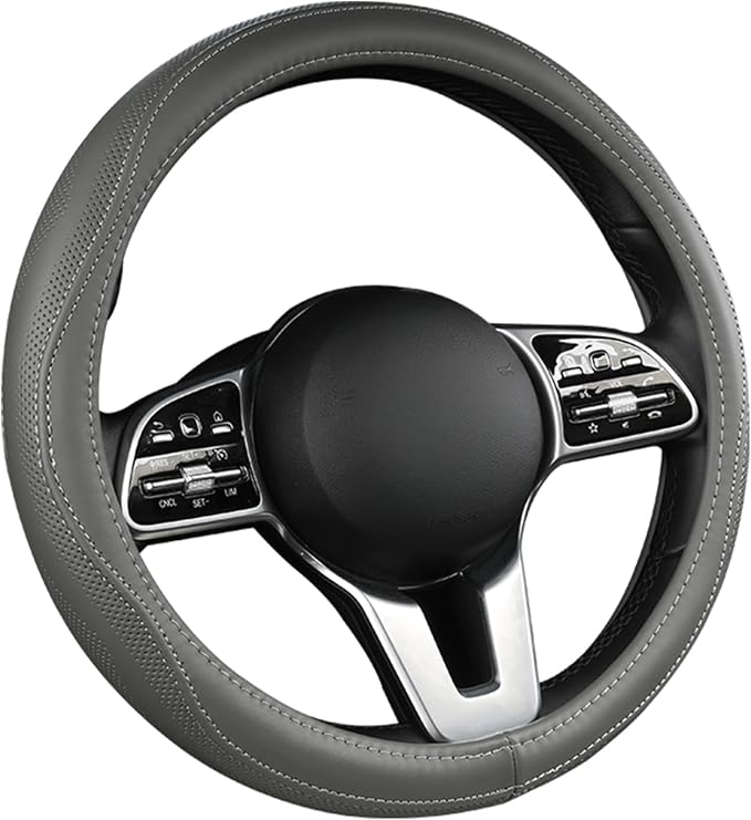 Genuine Leather Steering Wheel Cover, Real Cowhide for 14.5-15 Inch Steering Wheels, Universal Fit for Cars and Trucks (Gray)