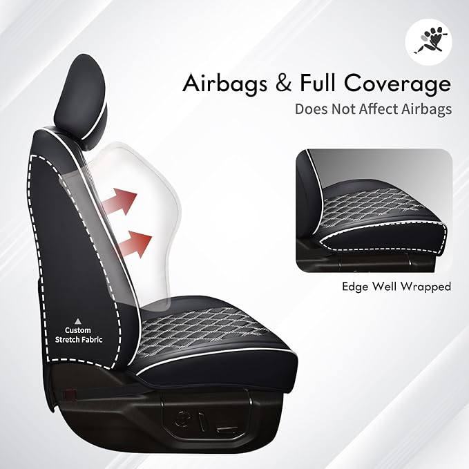 Huidasource Tacoma Front Car Seat Covers, Leather Seat Cushion Cover Fit for 3rd Gen Toyota Tacoma 2016-2023 Double&Crew Cab SR,SR5, Limited,TRD Pro, TRD Sport, TRD Off-Road(Front Pair/Black&White)
