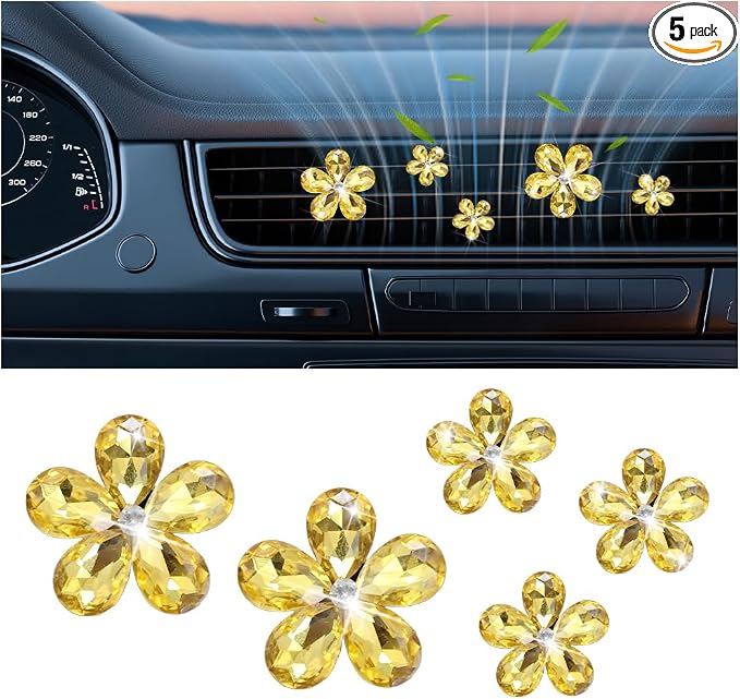 Zpana Bling Daisy Flower Car Air Vent Clips, 5PCS Sparkling Crystal Rhinestone Cute Vehicle Air Conditioning Clamp, Diamond Auto Air Outlet Clip Decor for Women Girls, Universal Fit (Golden)