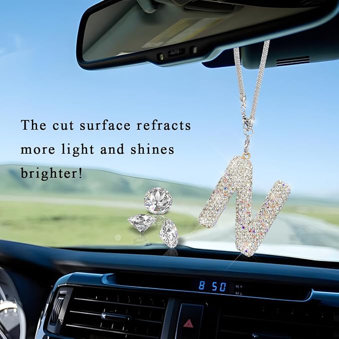 DXNQ Bling Initial Car Rear View Mirror Ornament, Crystal Sparkling Cute Letter Charm Pendant Auto Decor, Hanging Lucky Diamond Initial Charm Car Mirror Bag Ornament for Girl Women (Letter N)