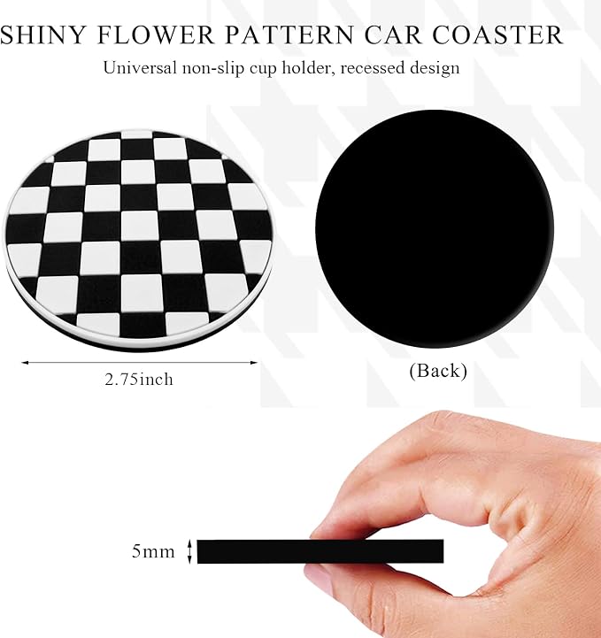 DXNQ 4 PCS Car Cup Coasters, 2.76 Inch Anti-Slip Checkered Vehicle Cup Holder Insert Coasters, Auto White & Black Drink Cup Mats for Front Console Cup Holders, Car Accessories (Checkerboard)
